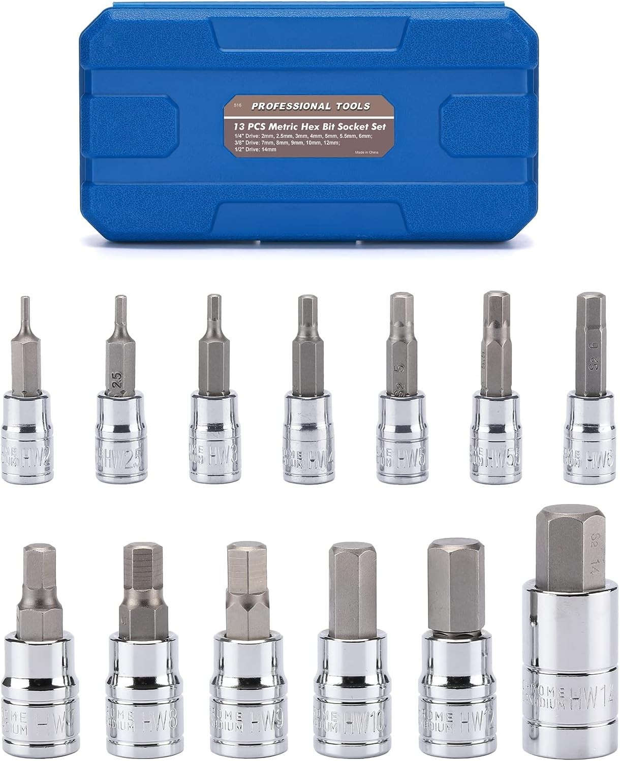 Professional 13-Piece Metric Hex Bit Socket Kit, 2mm to 14mm, with Carry Case