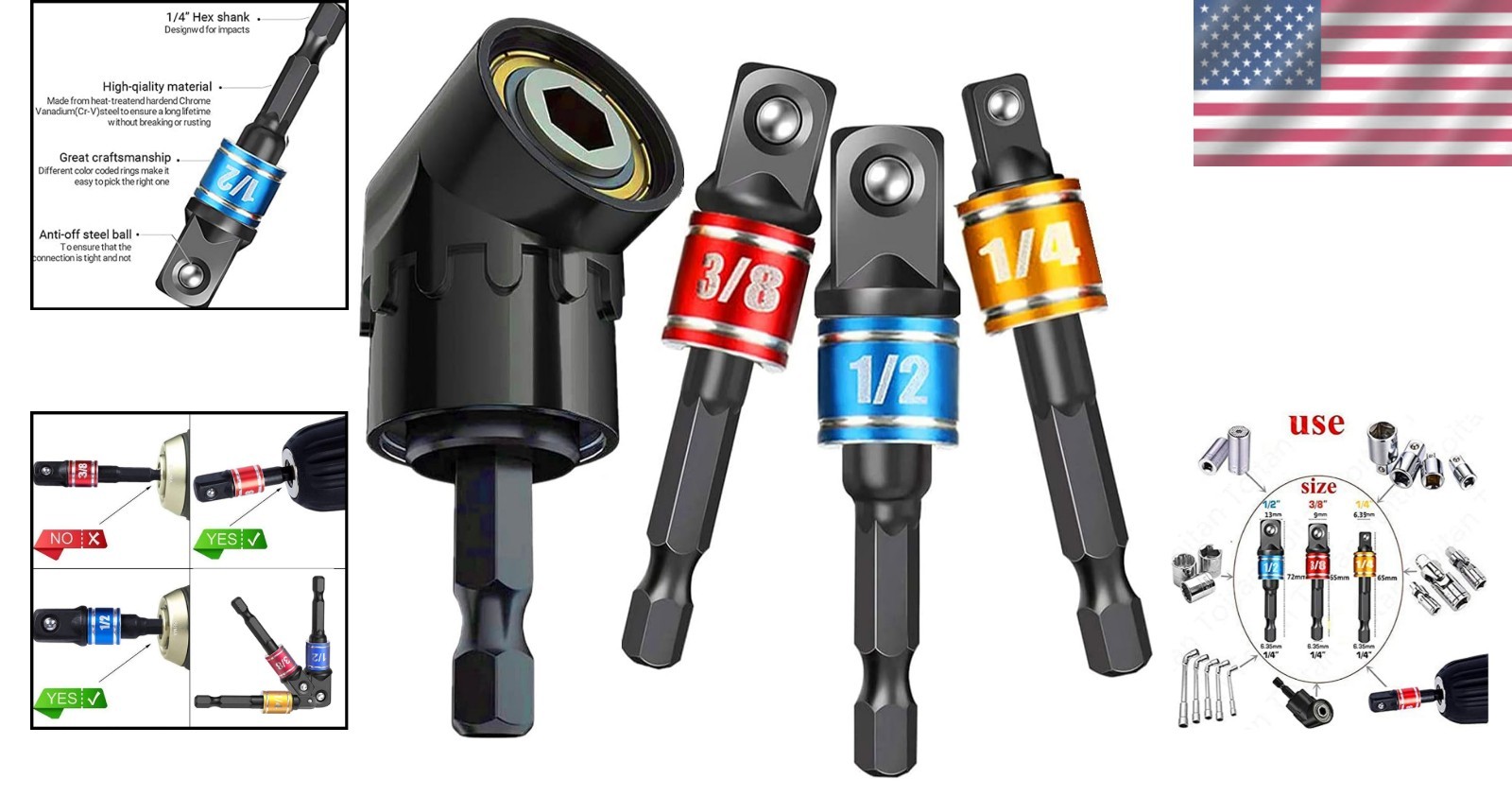 Stainless Steel 3-Pc Socket Wrench Adapter Set with Right Angle Drill Attachment