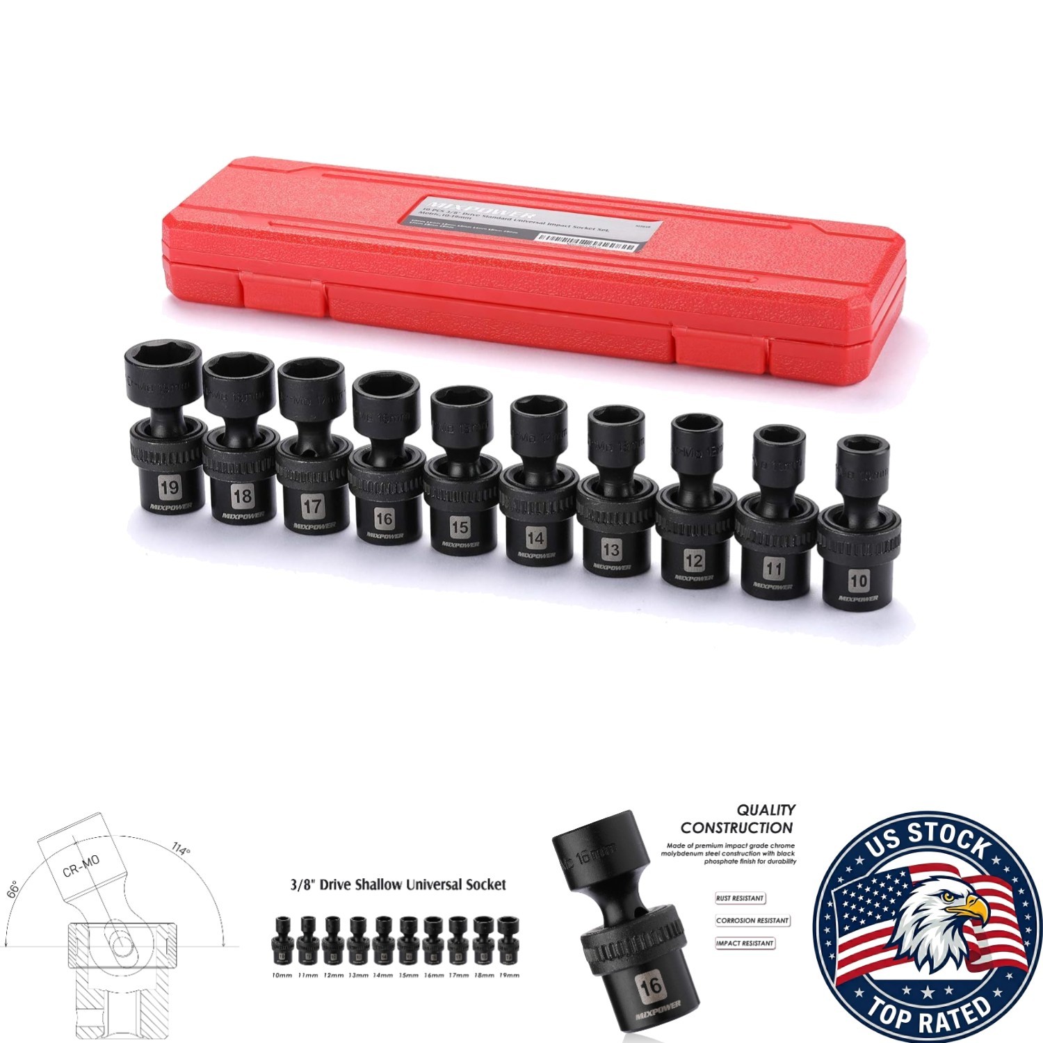 Universal 3/8″ Drive Shallow Impact Socket Set – 10 Pieces with Wobble Design