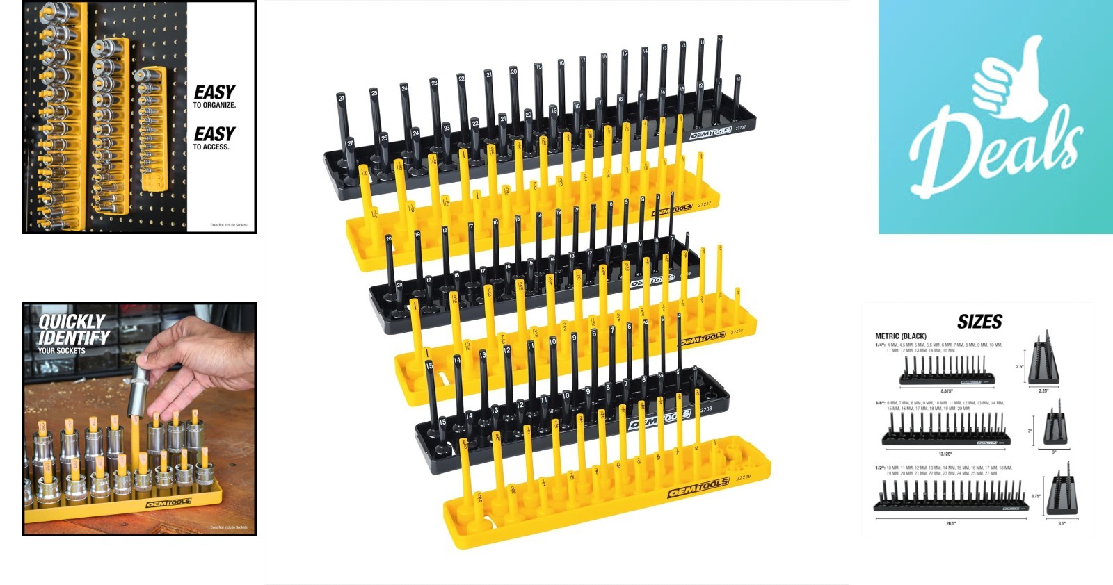 Versatile Socket Holder: 6-Piece Black & Yellow Tray Set for All Drive Sizes