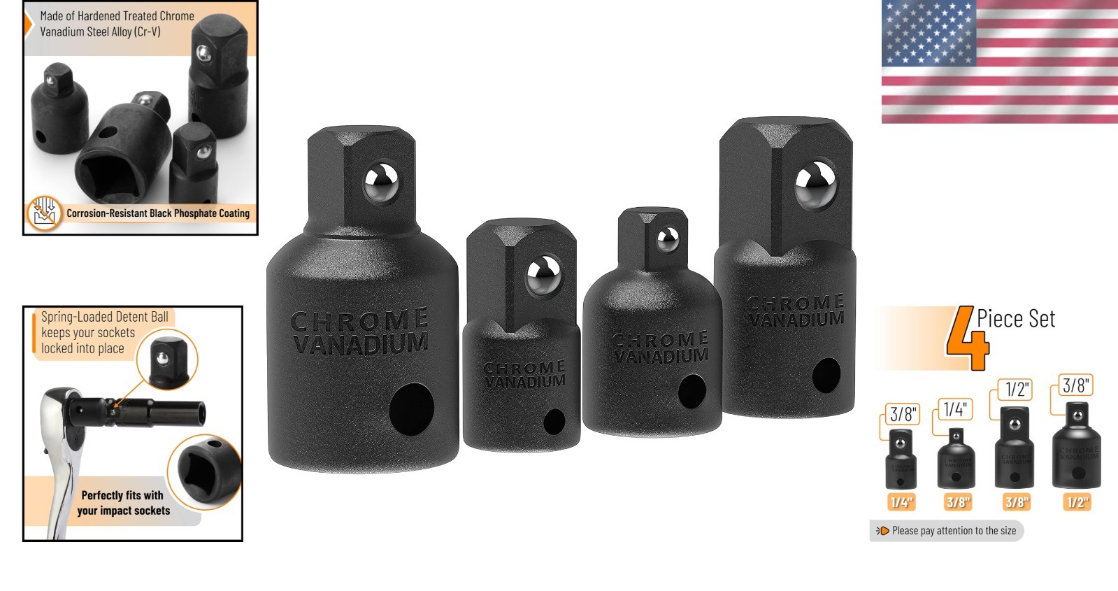 Bates 4pc Impact Socket Adapter Reducer Set Chrome Vanadium Steel Black Oxide