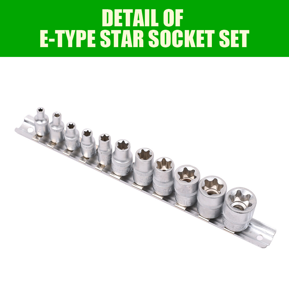 11Pc Female E Torx Star Socket Set/Rail E4 – E20 External Star Torque Socket Set