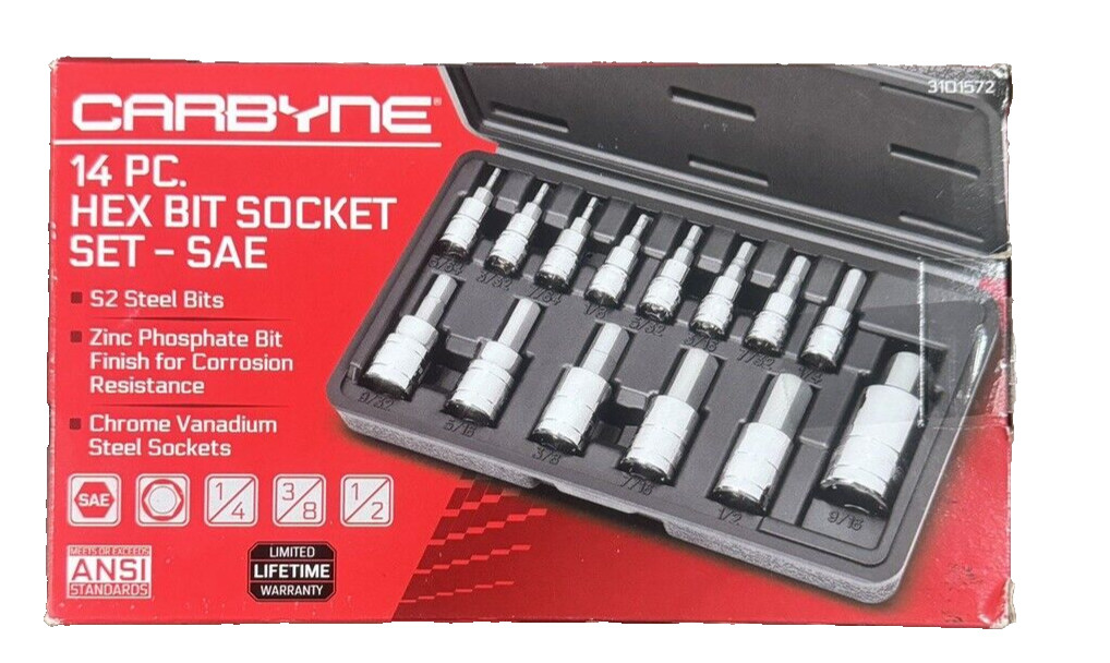 CARBYNE Hex (Allen) Bit Socket Set – 14 Piece, SAE 5/64″ to 1/2″ S2 Steel Bits