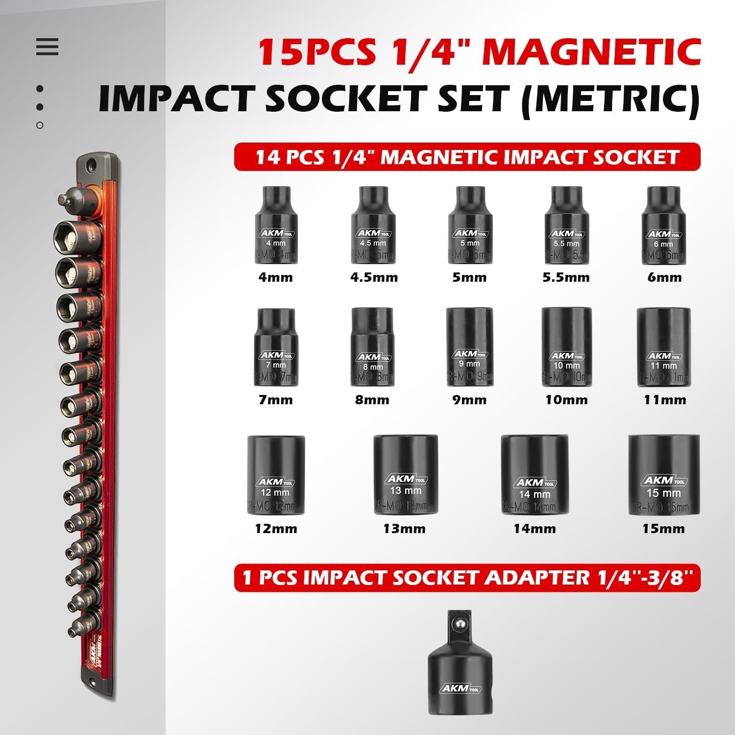 15-Piece 1/4″ Drive Magnetic Impact Socket Set, 4mm-15mm, 6 Point, Cr-Mo, Adapte