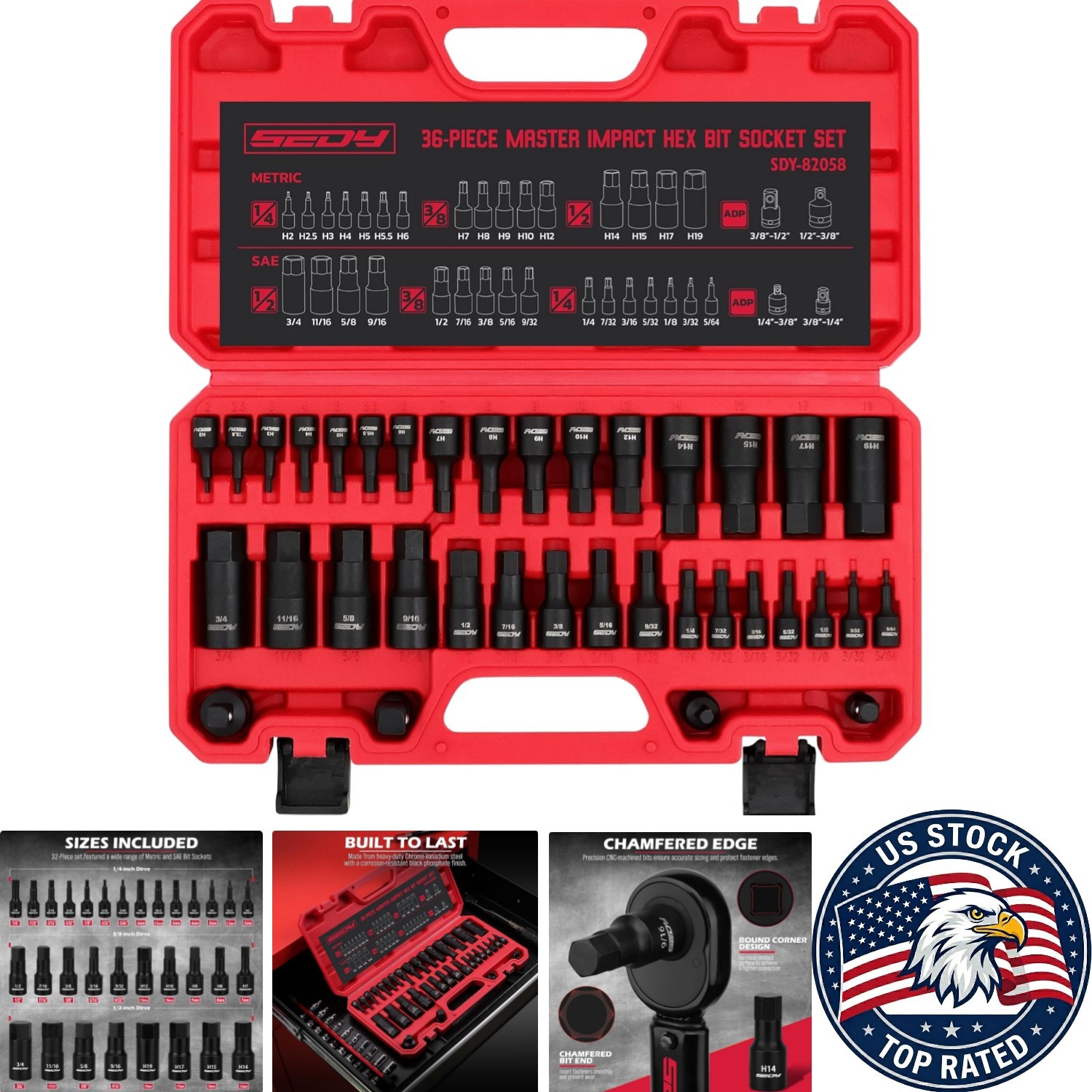 Precision-Machined 36-Piece Hex Bit Impact Socket Set with Organized Carry Case
