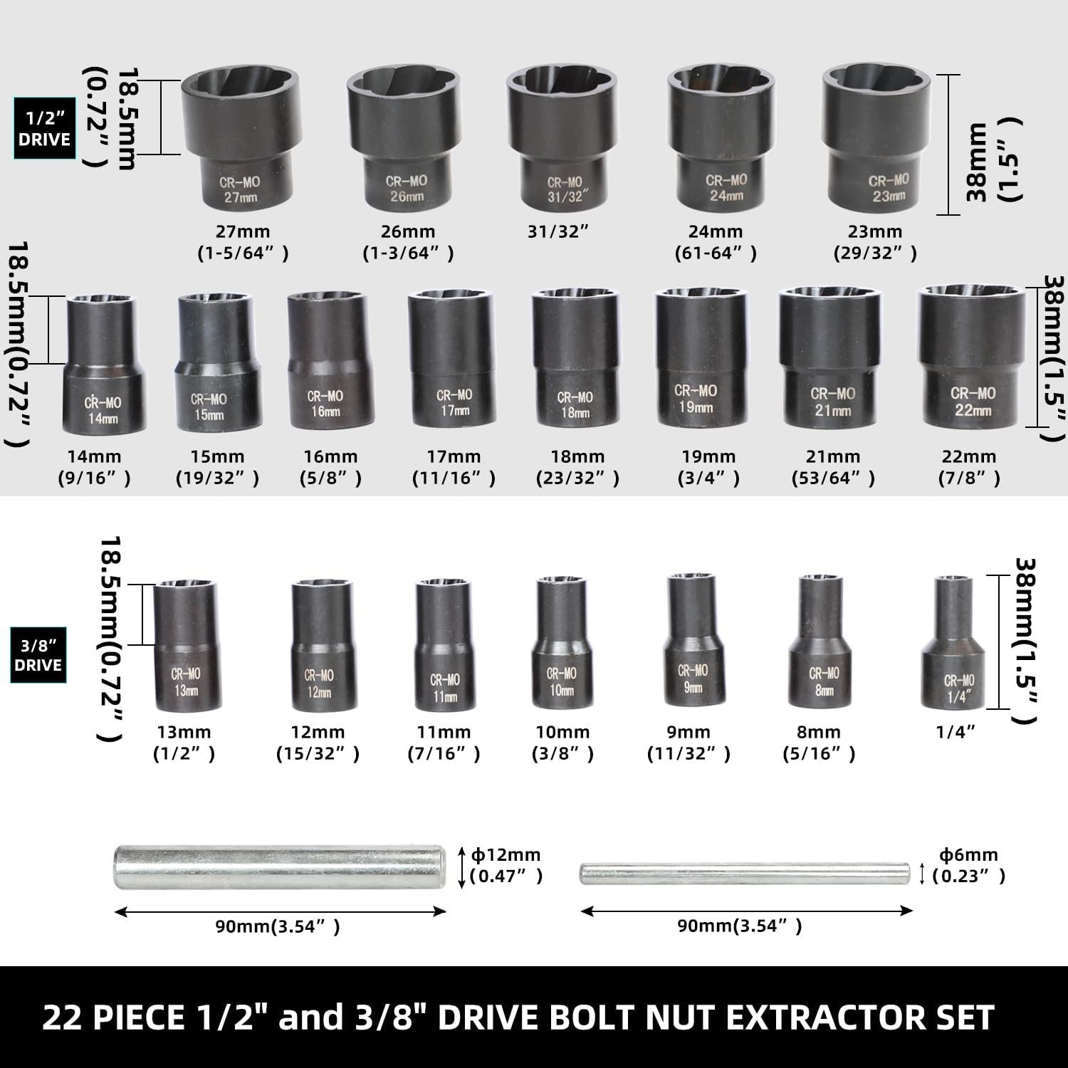Share 22 Piece Bolt Nut Extractor Set, 1/2″ and 3/8″ Drive Impact Lug Nut Remove
