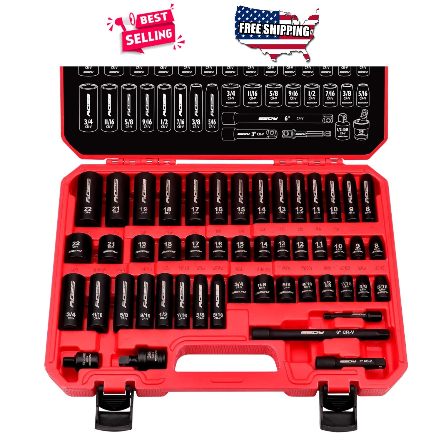 3/8″ Drive Impact Socket Set 49-Piece SAE Metric Standard Deep With Extensions