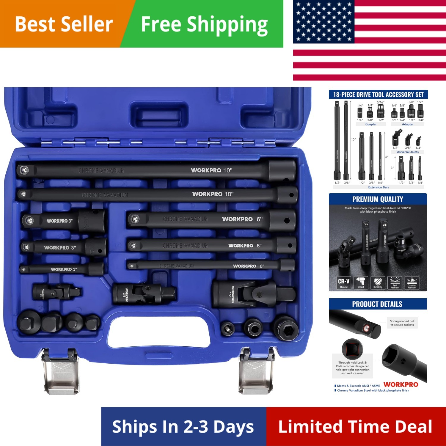 18-Piece Impact Socket Extension Set, Includes Socket Adapters, Ratchet Exten…