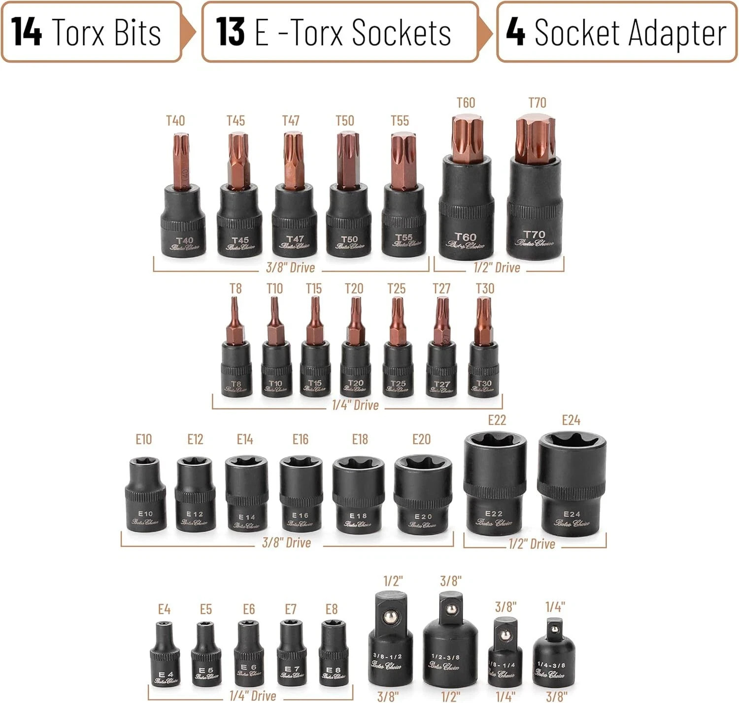31 Pcs Torx Bit Socket Set & External Socket Set, Star T8-T70, E4-E24 Inverted