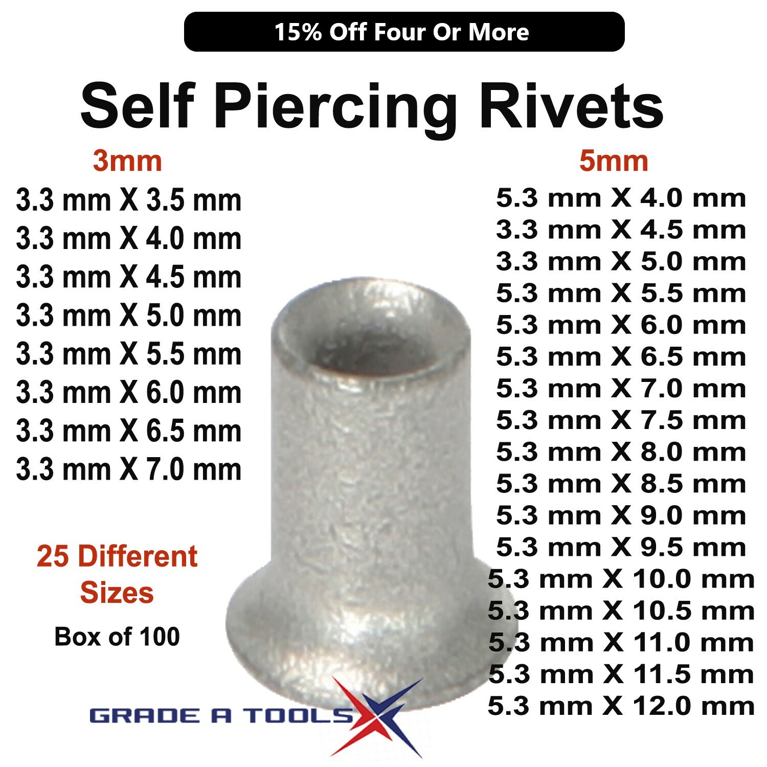Self Piercing Rivets – Aluminum Collision Repair – Boxes of 100