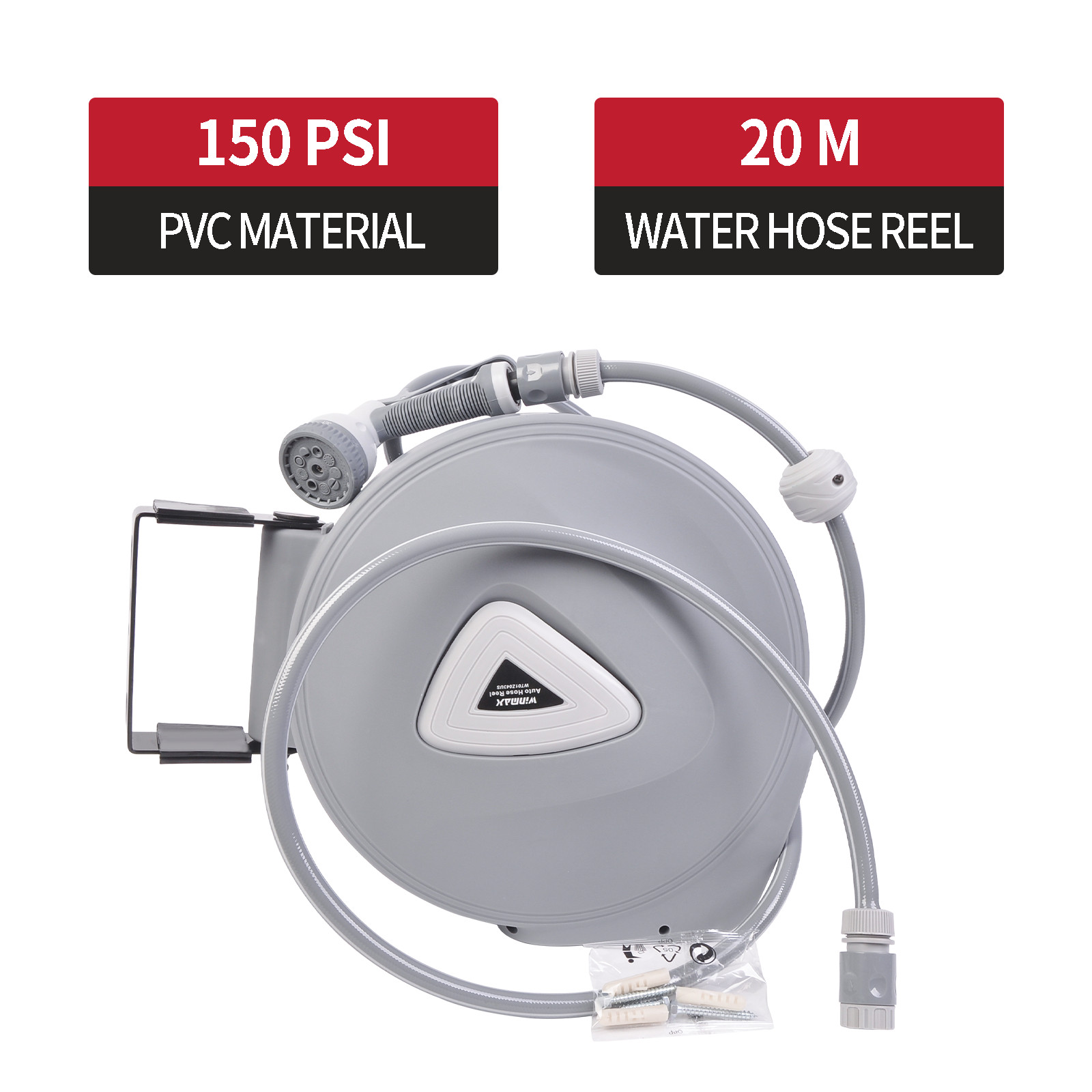 65 ft Wall Mount Retractable Garden Water Hose Reel Brass Spray Gun Hose Reel