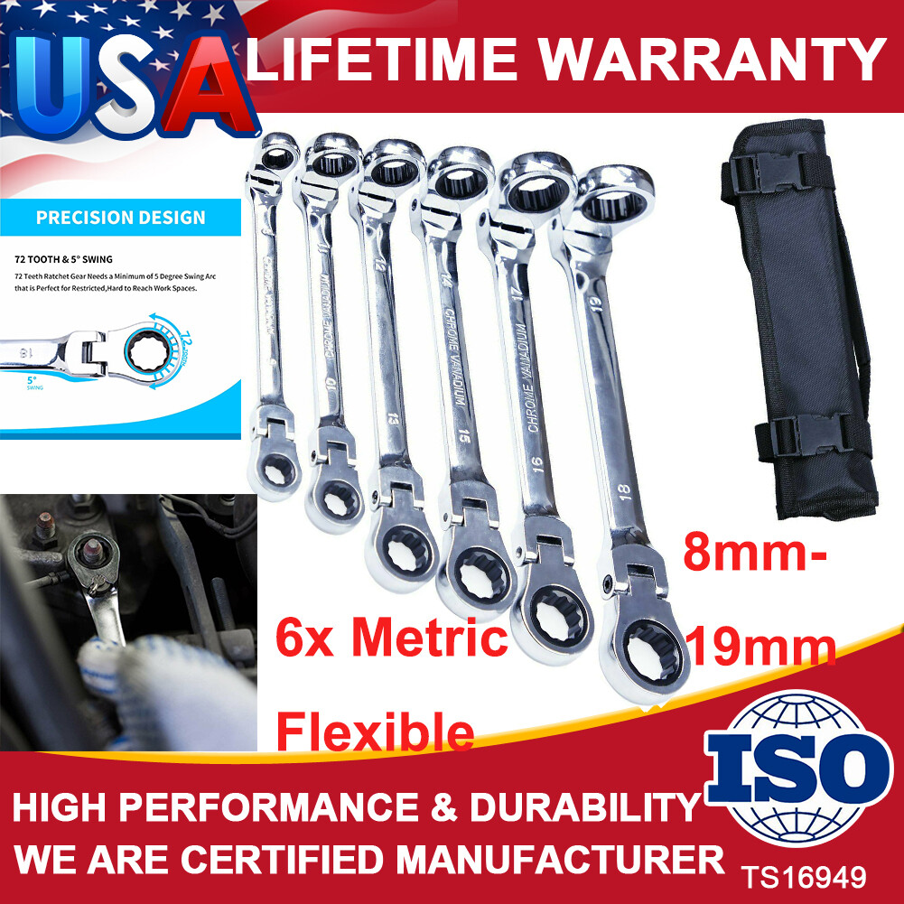 6x Metric Flexible Head Ratcheting Wrench Combination Spanner Tool Set 8mm-19mm