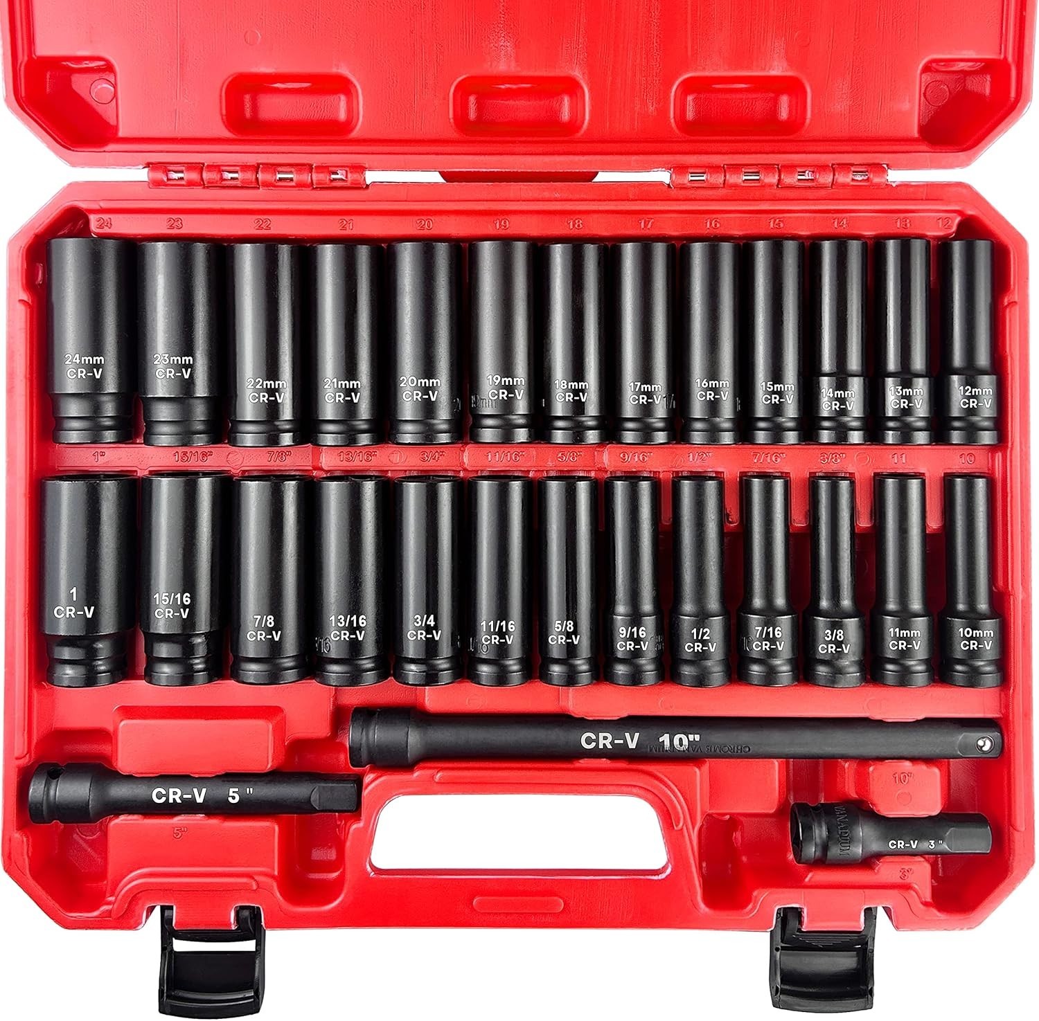 NEW 29PCS 1/2″ Drive Deep Impact Socket Set SAE Metric Cr-V Steel