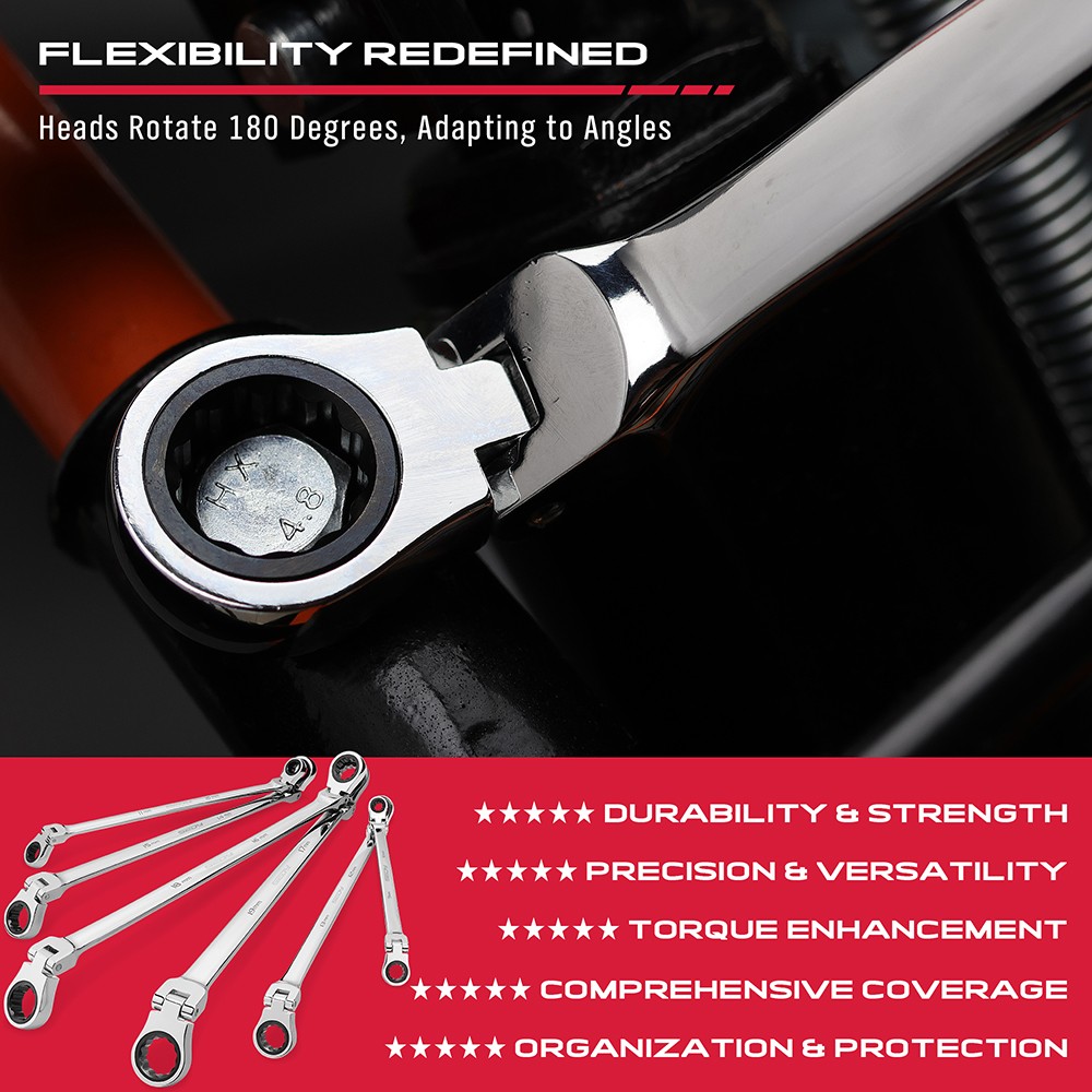 6PC Flex-Head Double Box End Ratcheting Wrenches Extra Long Metric Universal NEW