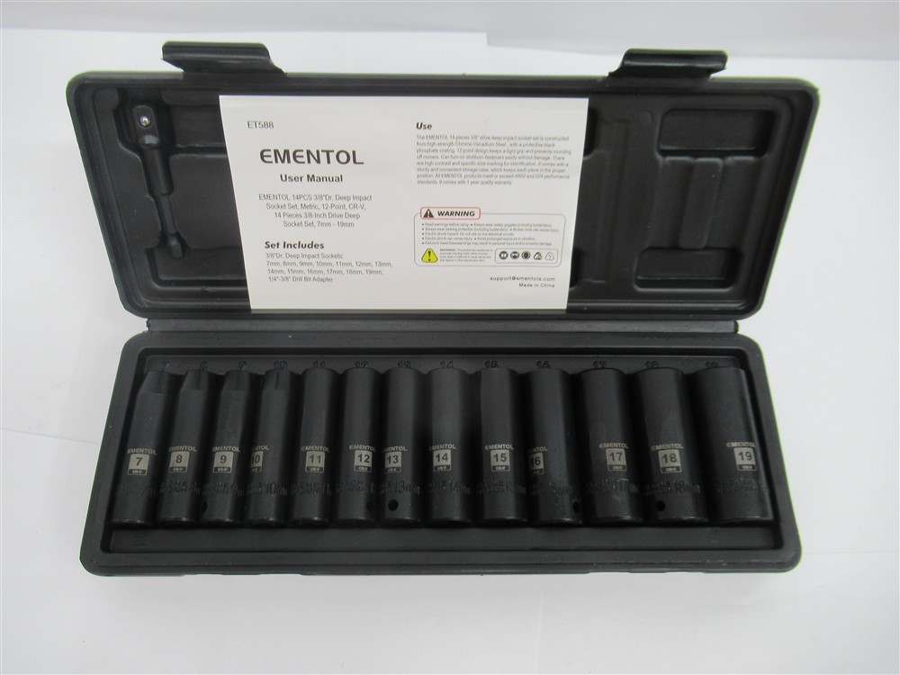 Ementol ET588, 7 – 19mm Deep Impact Socket Set, 3/8″ Drive, 12 Point, 14 Pc.