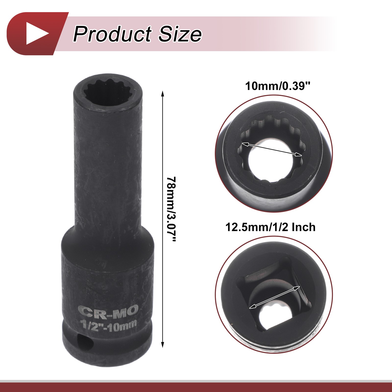 Universal 1/2 Inch Drive Impact Socket 10mm 12 Point High Carbon Steel 1 Pcs