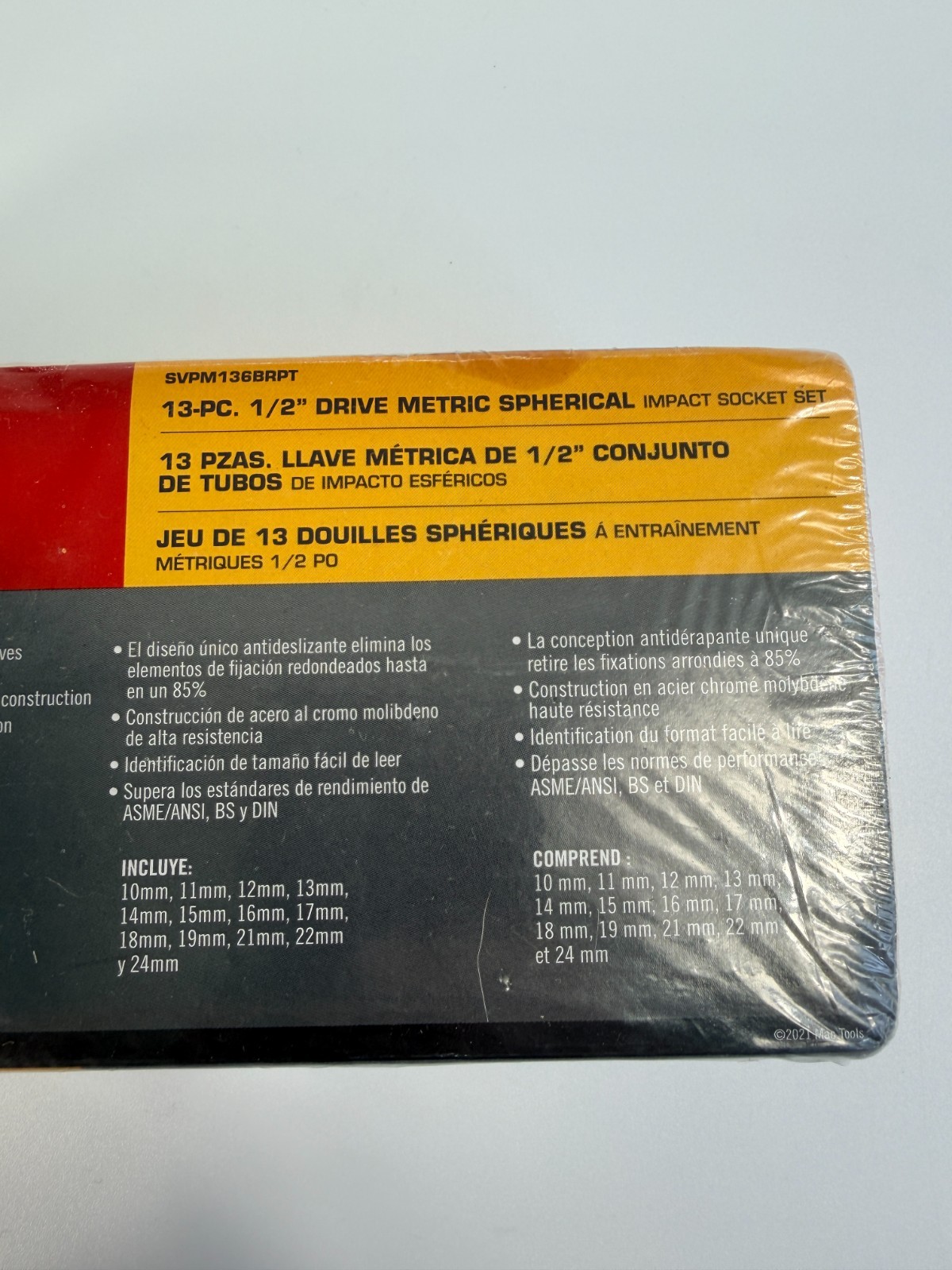 Mac Tools SVPM136BRPT 13-piece 1/2″ drive metric spherical impact socket set