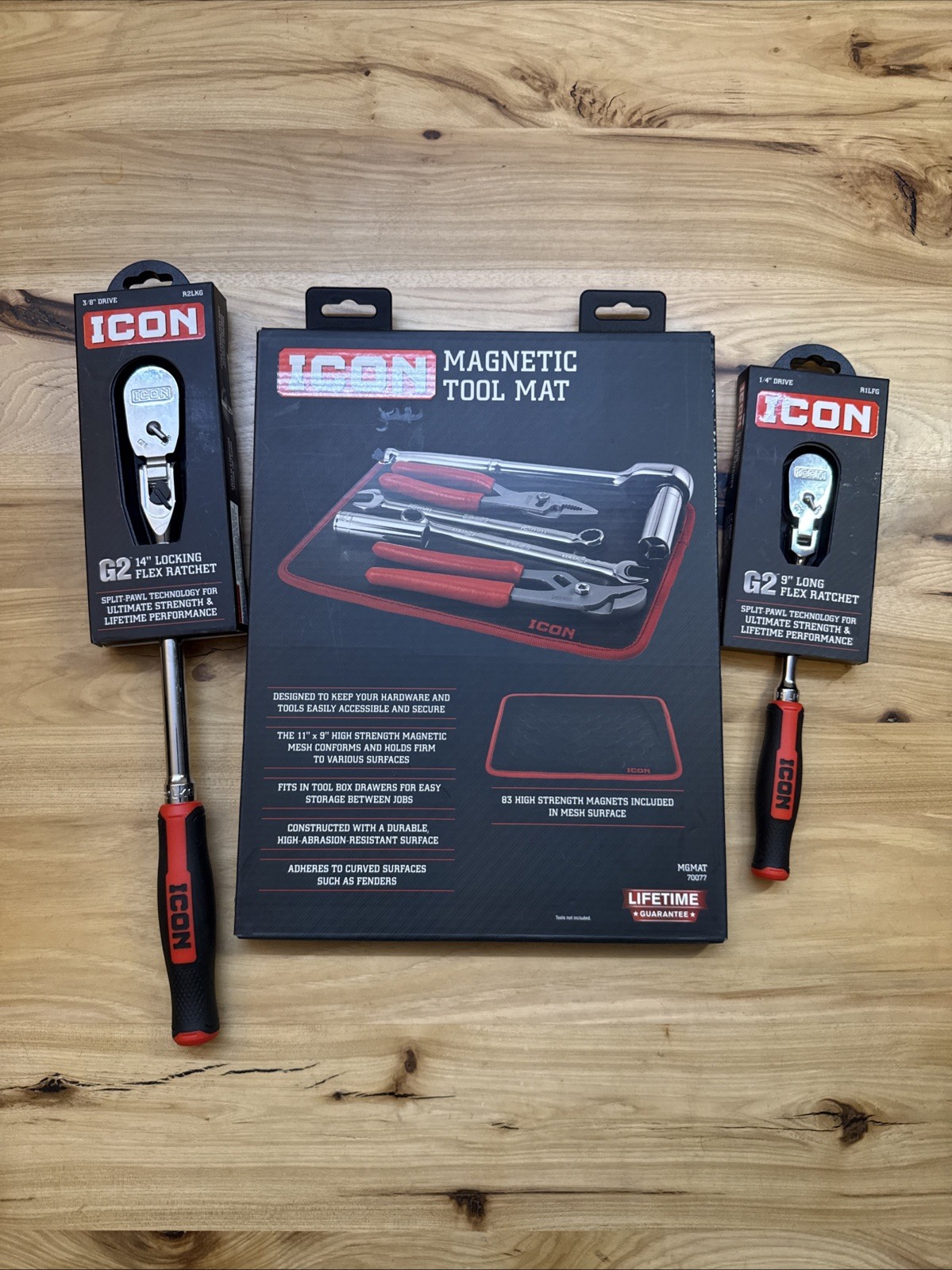 Icon G2 Ratchets 3/8 14” R2LKG Flex Head ,1/4Drive R1LFG 9” Long Flex Head & Mat