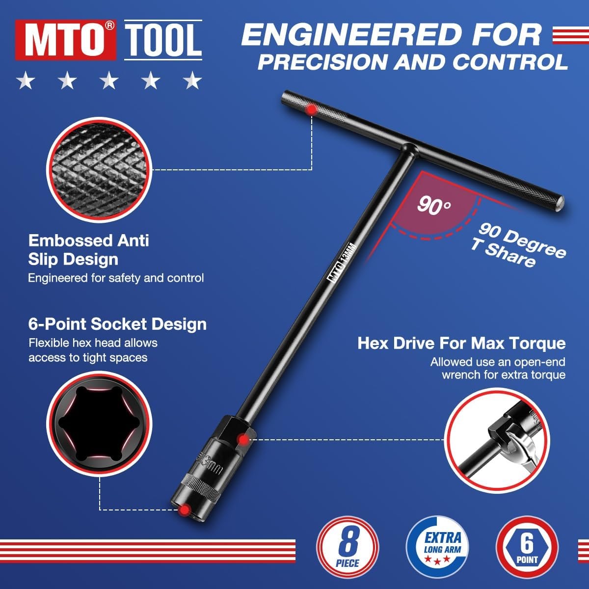 MTO T-Handle Metric Socket Wrench Set, 6-Point (6, 8, 10, 11, 12, 13, 8Pack