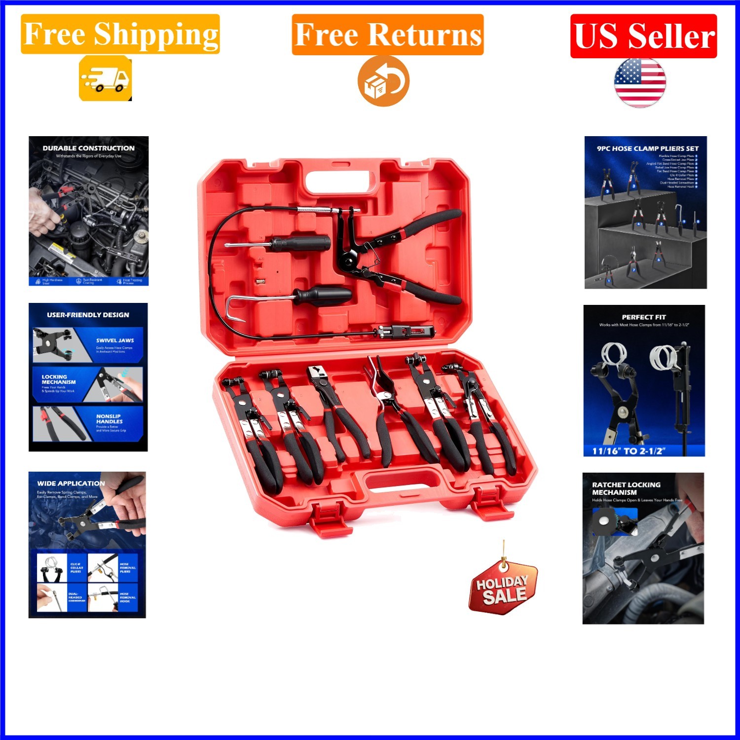9-Piece Hose Clamp Pliers Set for Automotive Repairs, Alloy Steel, Black