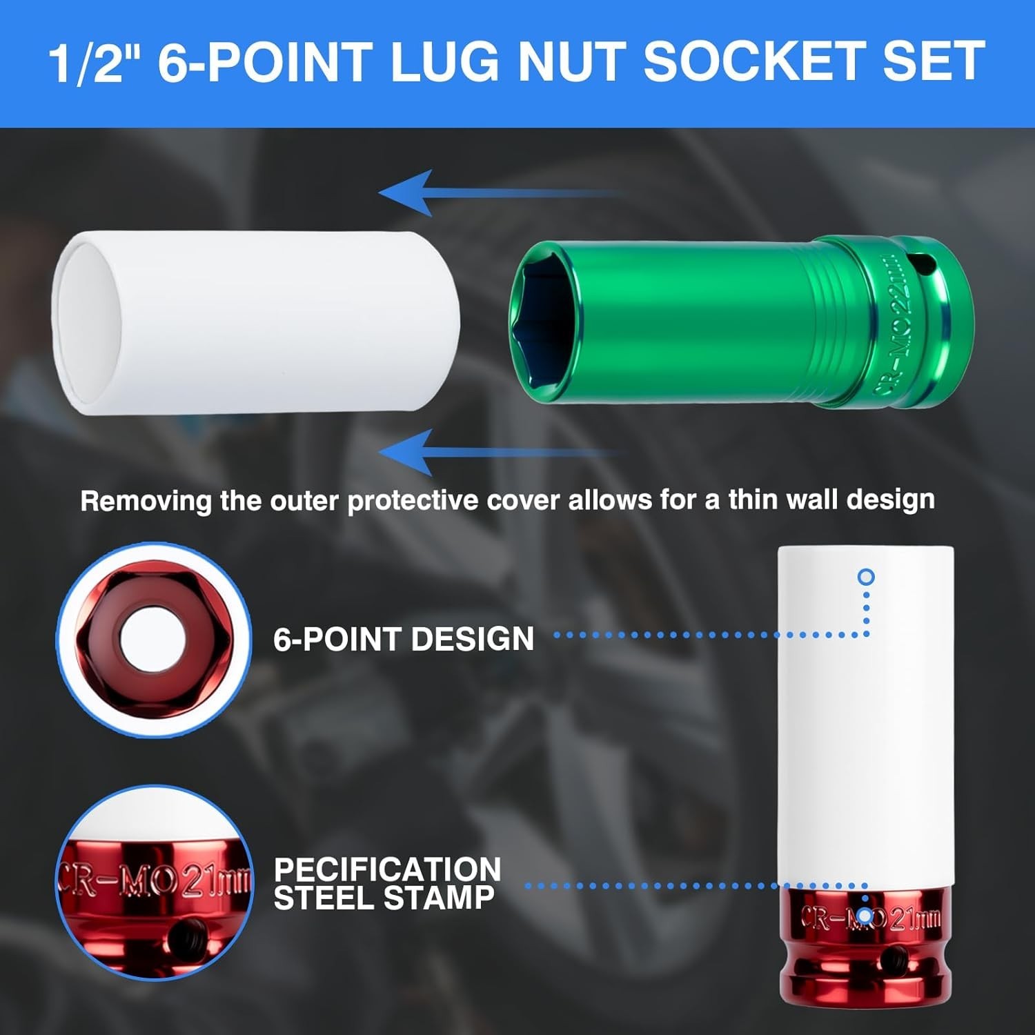 1/2″ Drive Wheel Protector Impact Socket, Color Sockets 4pcs