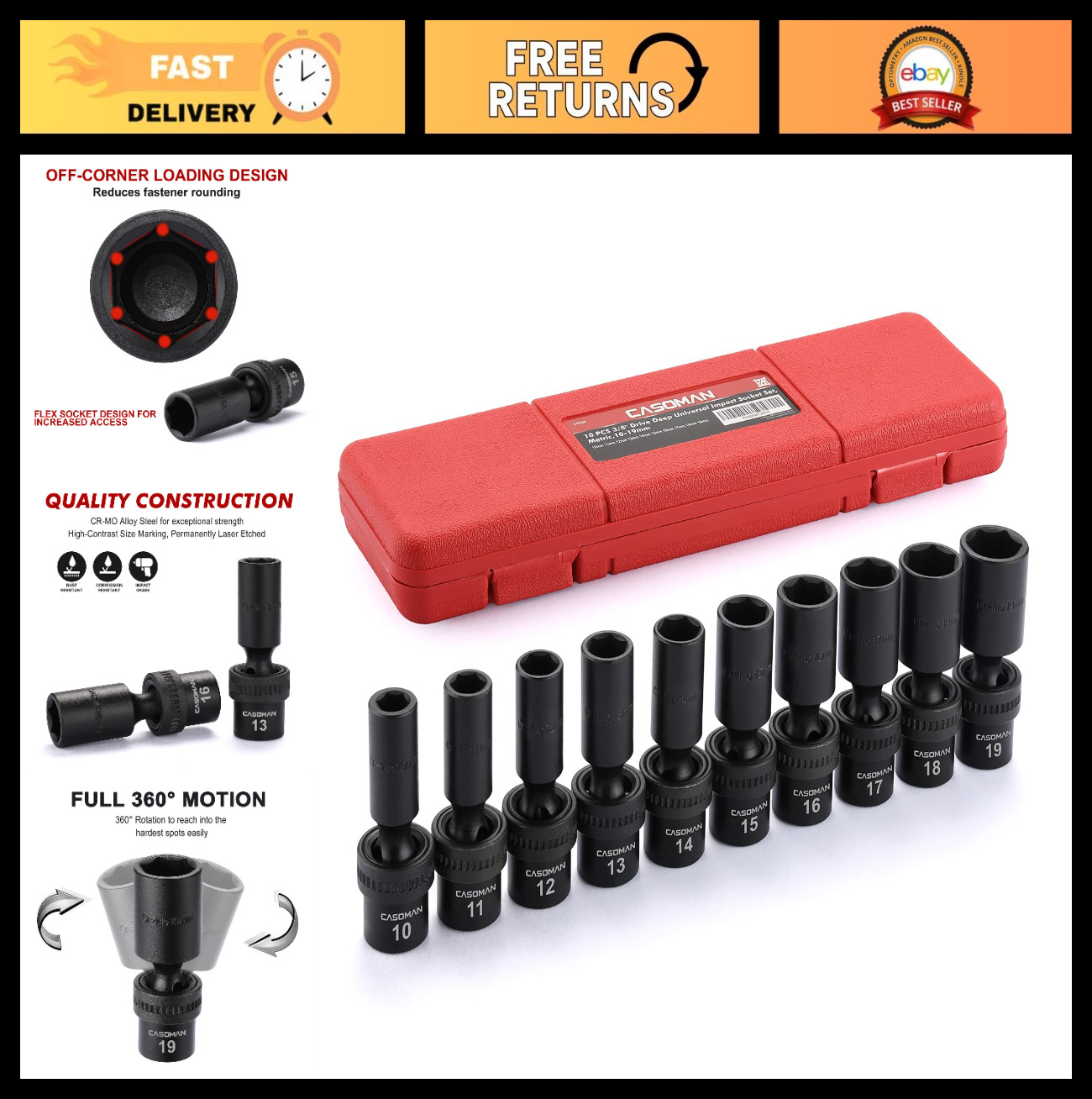 10 PCS 3/8″ Drive Deep Impact Socket Set, 6 Point, CR-MO, Metric 10-19mm