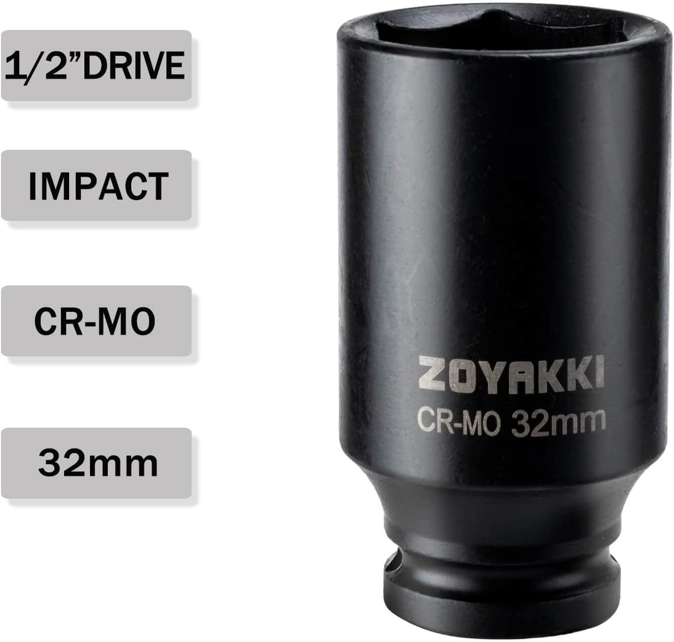 1/2″ Drive x 32 mm Deep 6 PT Impact Socket, CR-MO, 1/2-inch 6 32mm