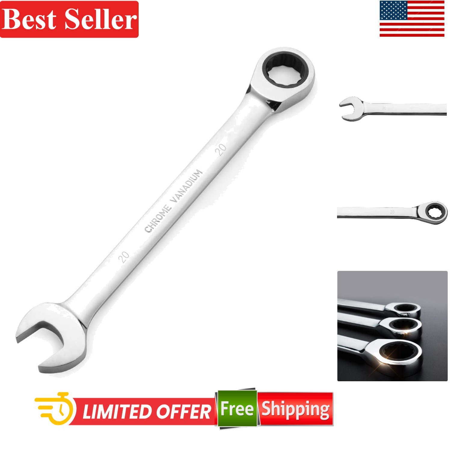 20mm Metric Ratchet Wrench 72-Tooth Box End Spanner Chrome Vanadium Silver
