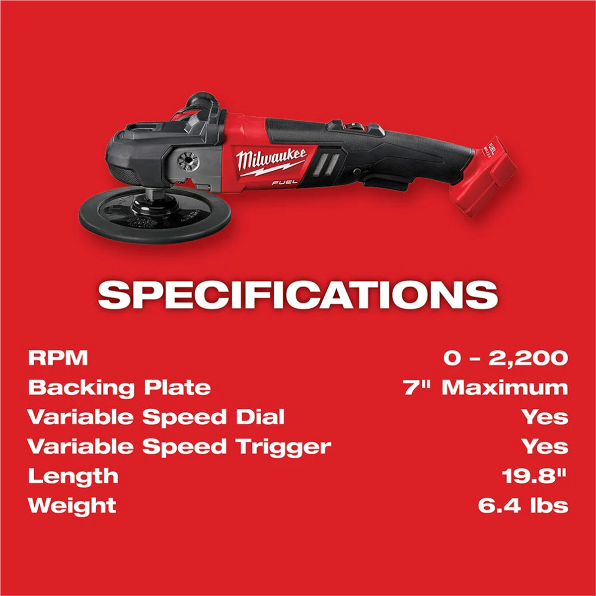 Milwaukee 2738-20 M18 FUEL 7″ Variable Speed Polisher (Tool Only)