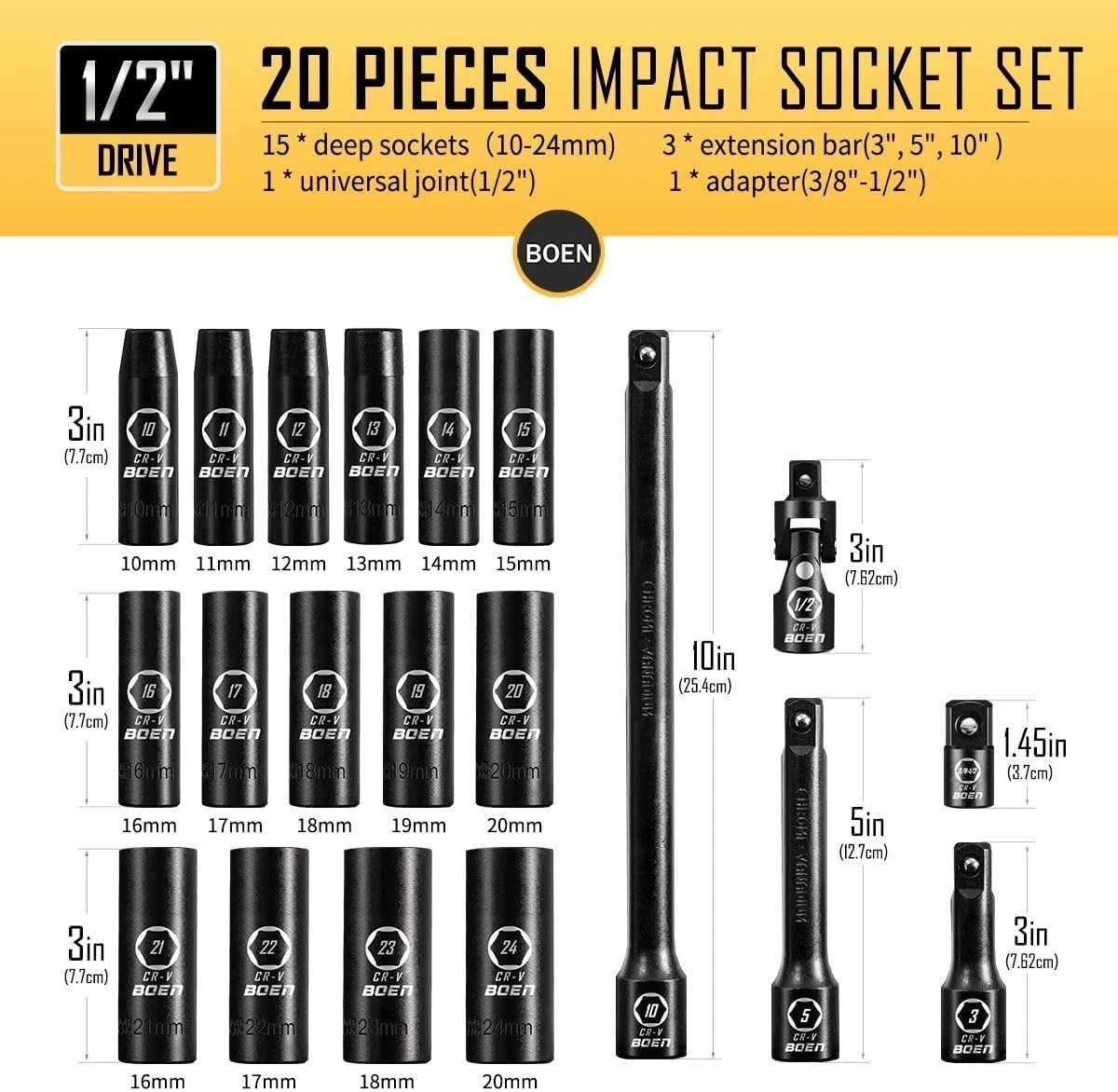 Durable 20-Piece Chrome Vanadium Impact Socket Set with Extensions & Adapter