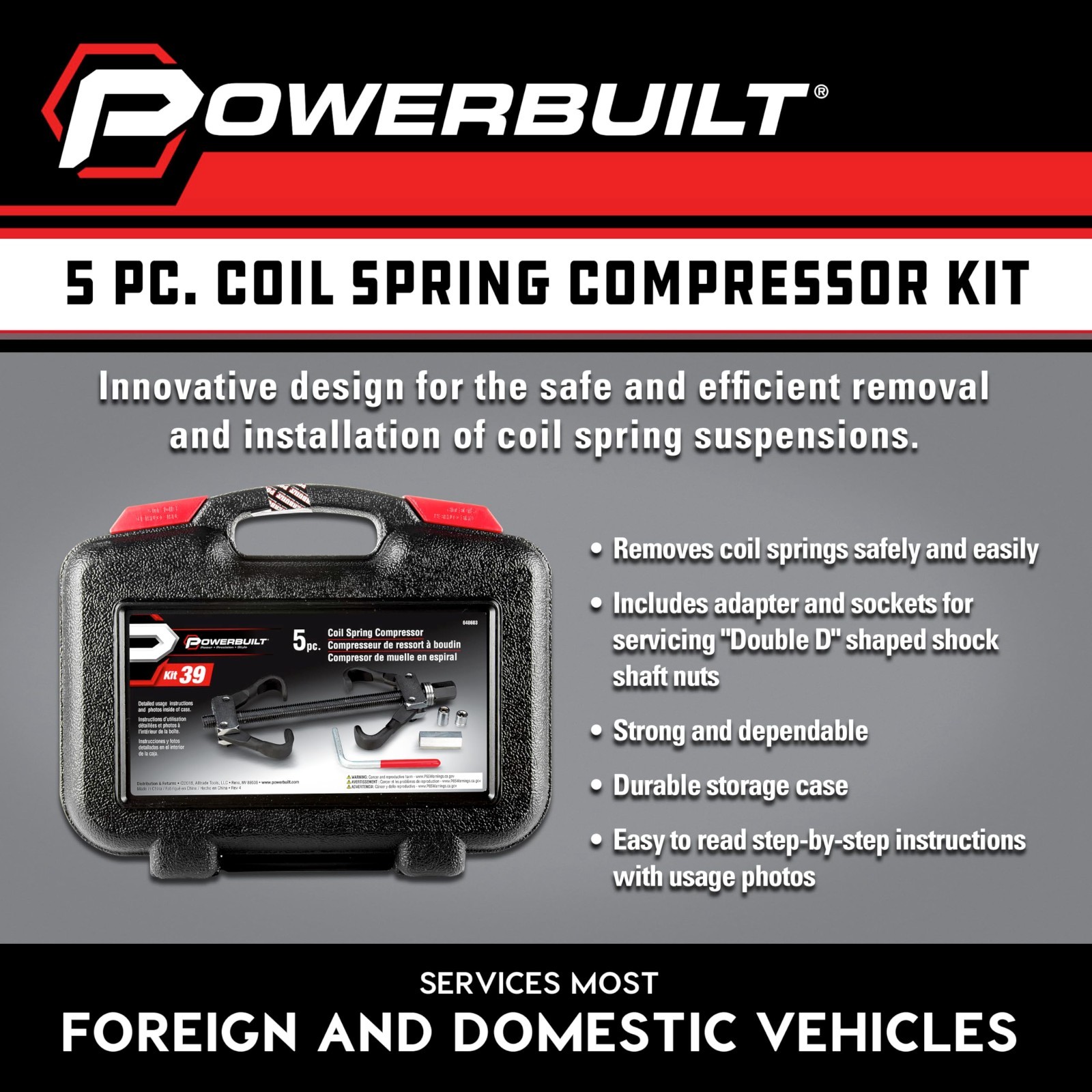 Coil Spring Compressor Tool Kit, 5 Piece Set for Shock Absorbers, Curved & Strai