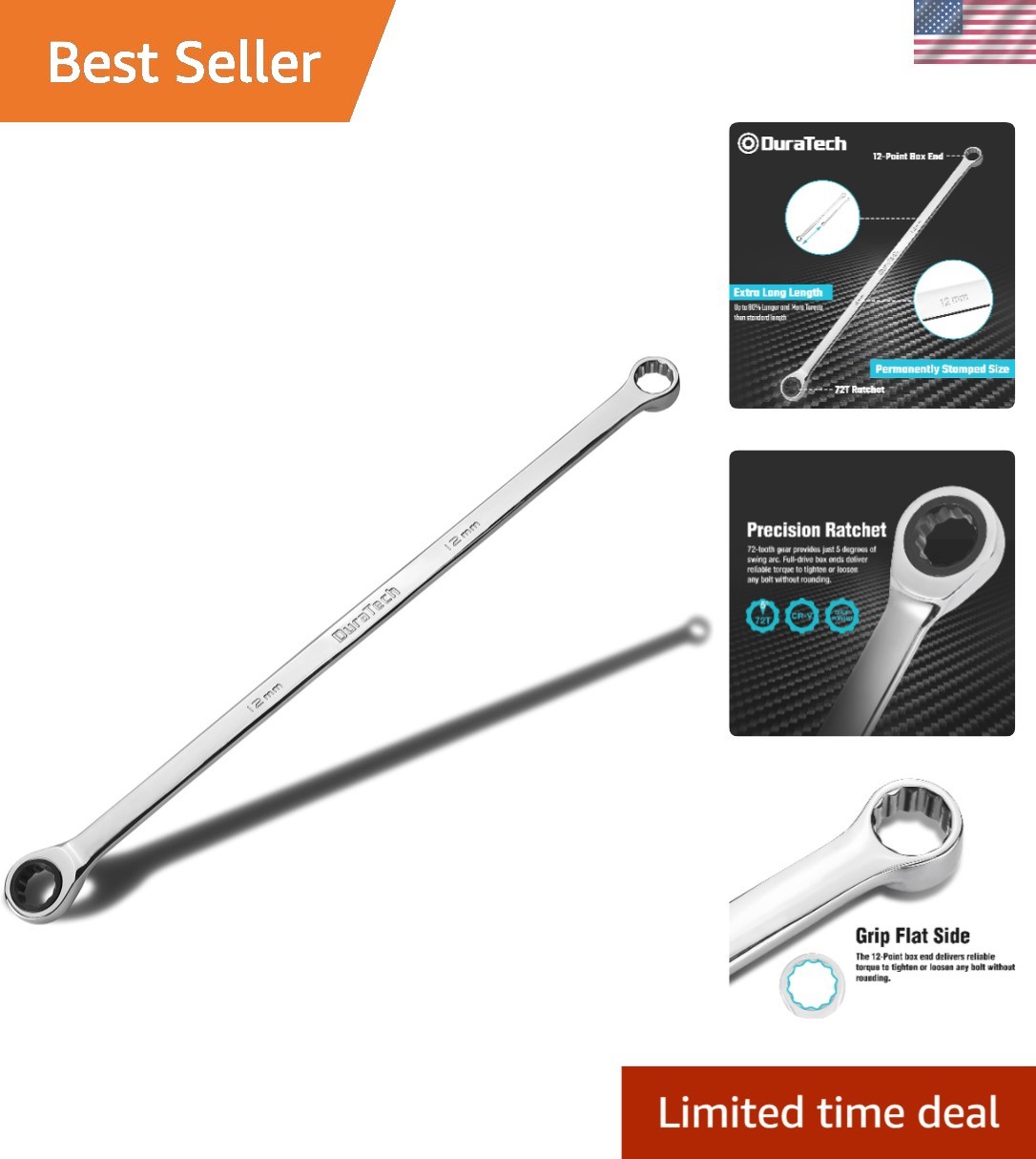 12mm Ratcheting Wrench – Extra Long 32.8cm, 72-Tooth CR-V Steel Mechanic Tool