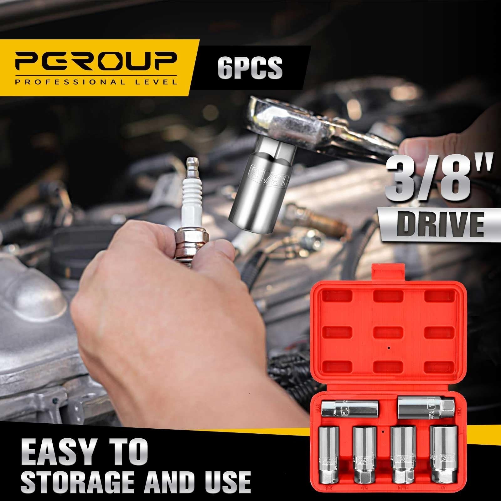 6PCS Spark Plug Socket Set 3/8″ Drive, 6-Point, SAE & Metric Sizes, CR-V Steel
