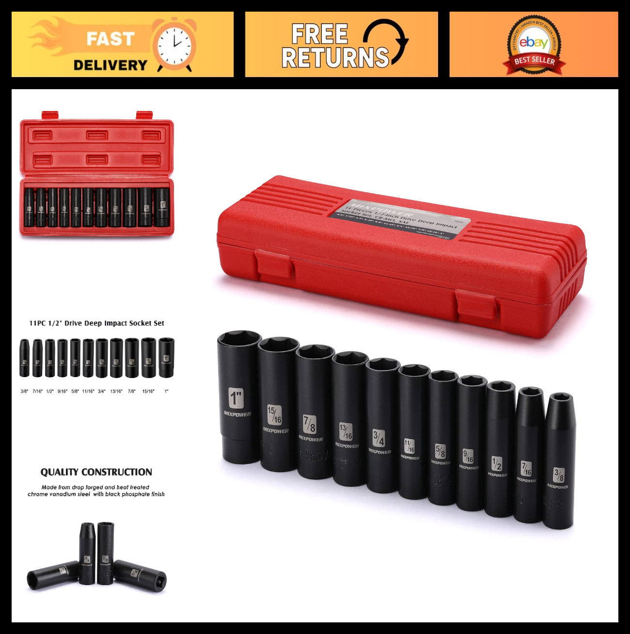 11-Piece 1/2″ Drive Deep Impact Socket Set, SAE CR-V 6 Point, 3/8″ to 1″ Sizes