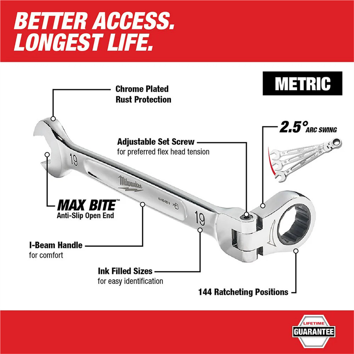 Milwaukee 48-22-9513 15pc Metric Flex Head Ratcheting Wrench Set, MAXBITE Grip