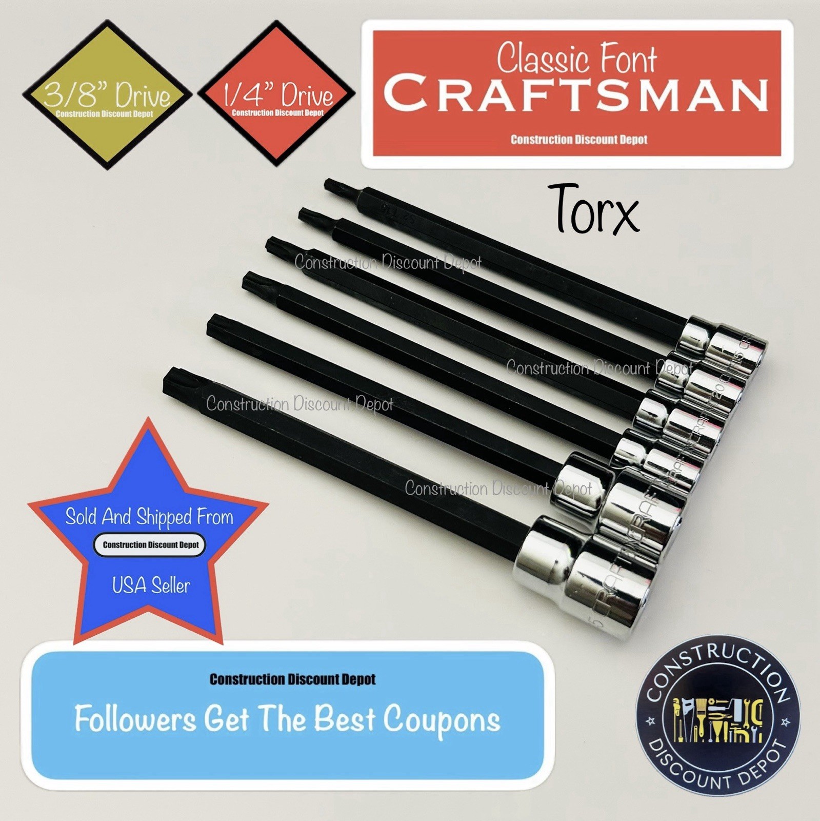 Craftsman 1/4″ 3/8″ Drive Long Torx Star bit socket set T45 T40 T30 T25 T20 T15