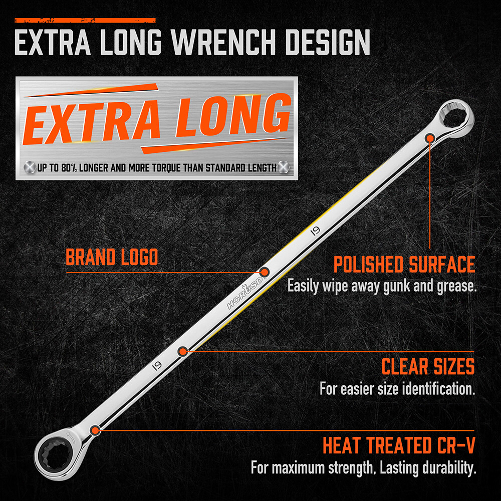 10-Piece Ratcheting Double Box Metric Wrench Gearbox 72 Tooth Extra Long