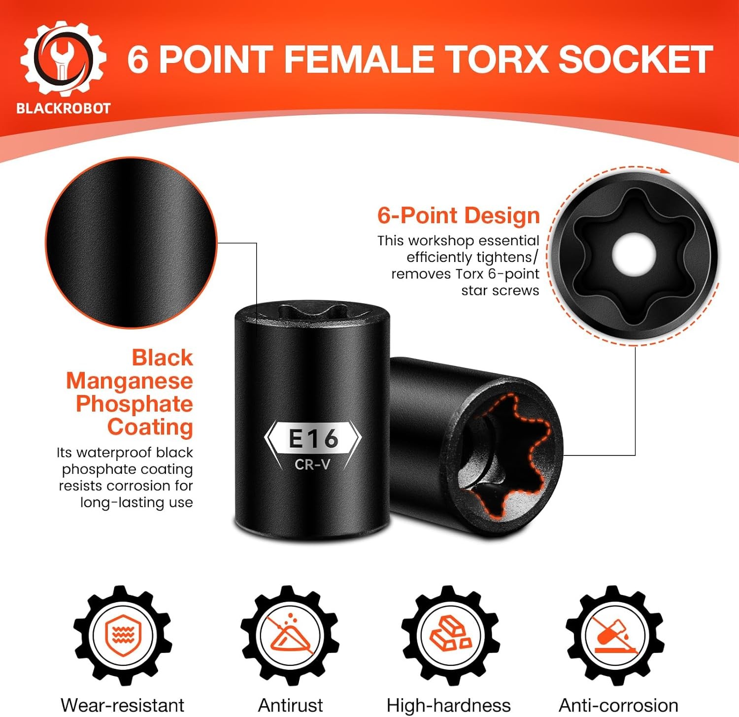 BLACKROBOT E Torx & Star Socket Set With Rail, 11-Piece Female E4-E20