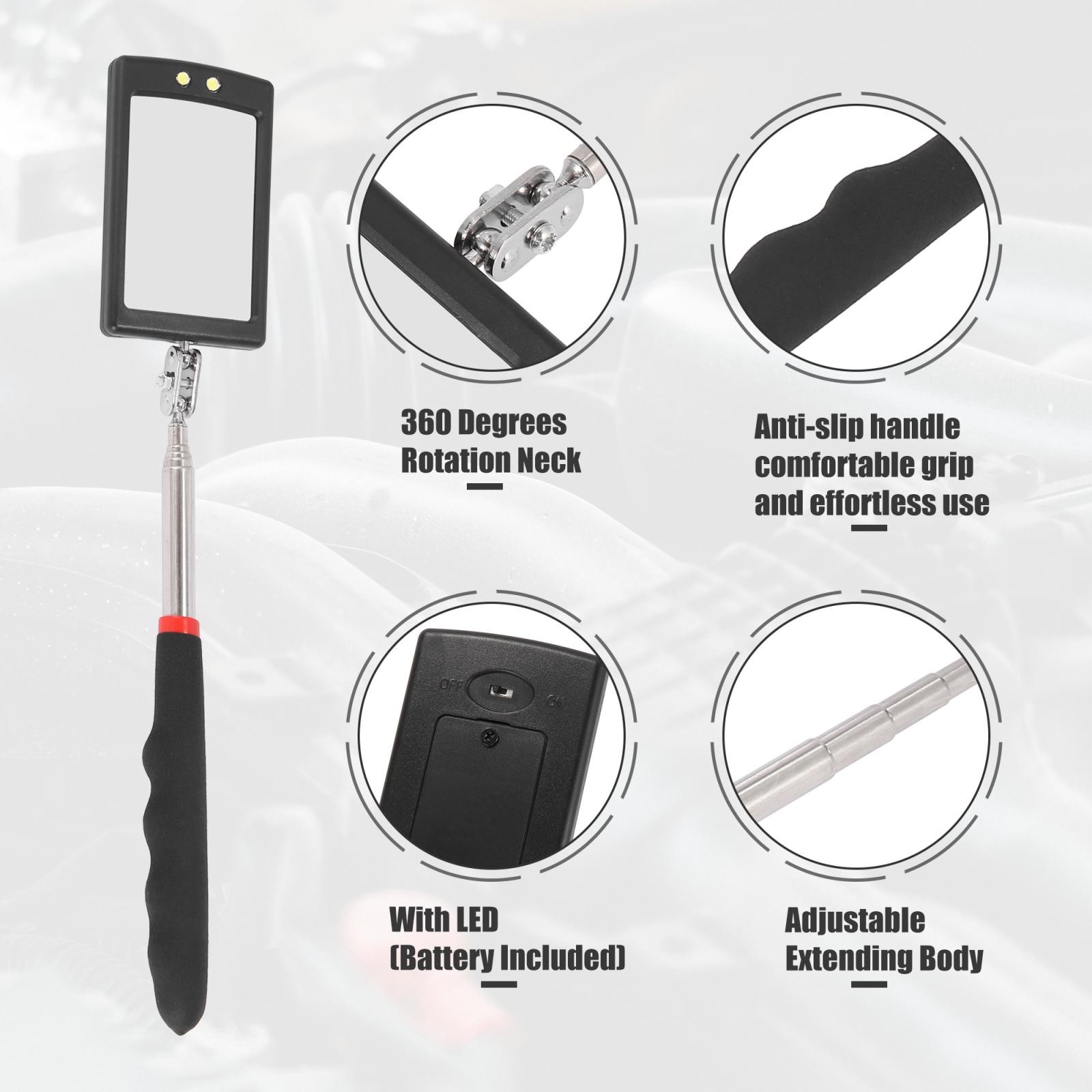 Square Telescopic Inspection Mirror Retractable Hand with White Light for Car