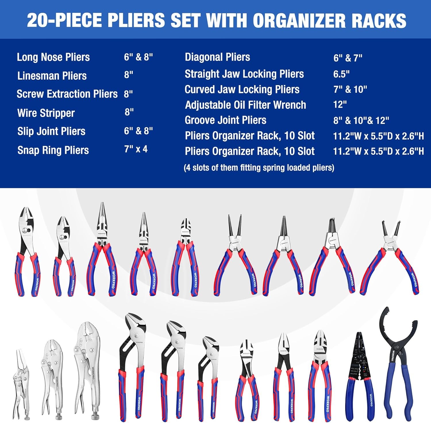 WORKPRO Pliers Set, 20-Piece Full Assortment of with 2-pack Blue-red
