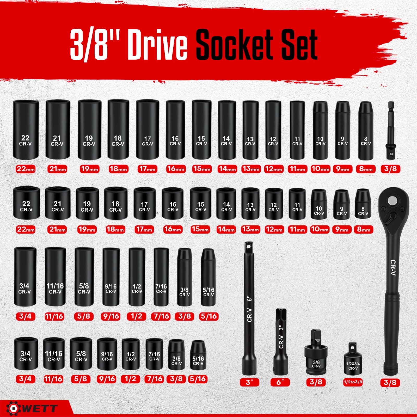 3/8″ Drive Impact Socket Set, 50Pcs SAE/Metric, Deep/Shallow Sockets