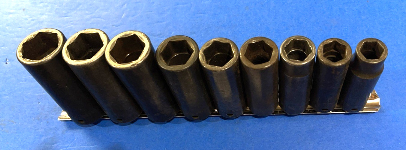 SNAP-ON TOOLS 9 PIECE 1/2 DRIVE SAE. DEEP IMPACT SOCKET SET 309SIMYA