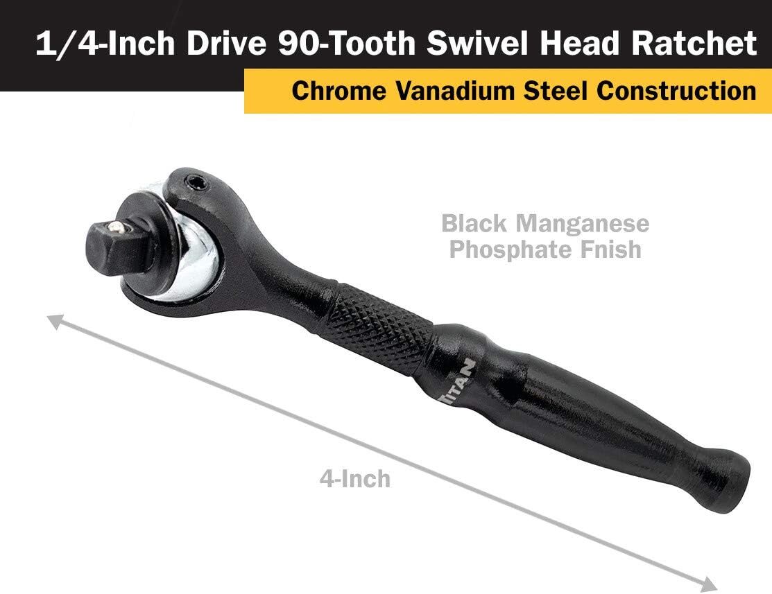 Titan Tools 1/4″ Drive X 4″ 90-Tooth Swivel Head Micro Ratchet – Black 11313