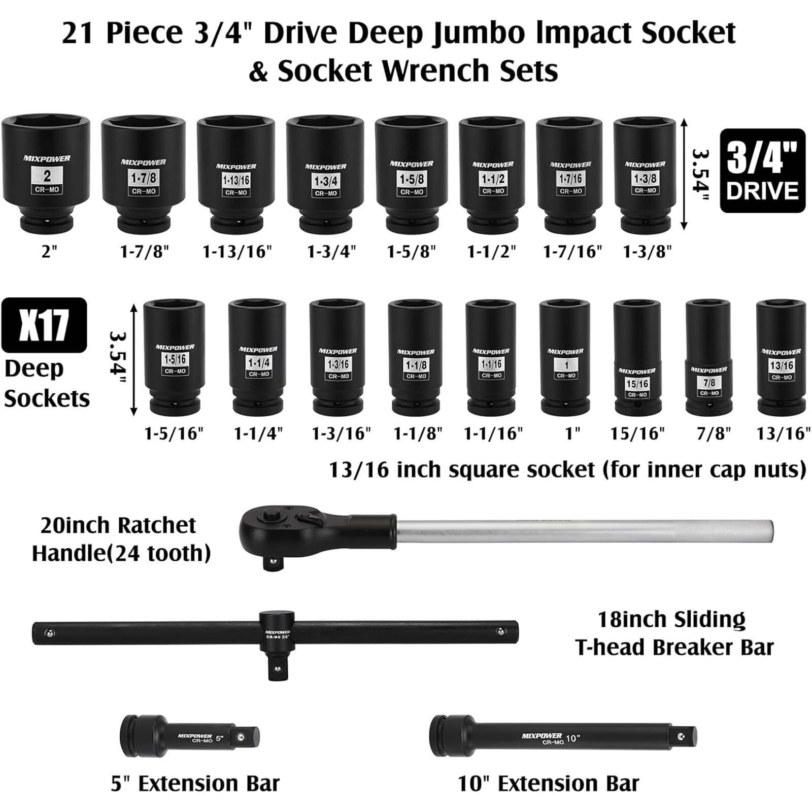 21 PCS 3/4» Drive Deep Jumbo Impact Socket Set,SAE(7/8»-2»),6 Point,Ratchet