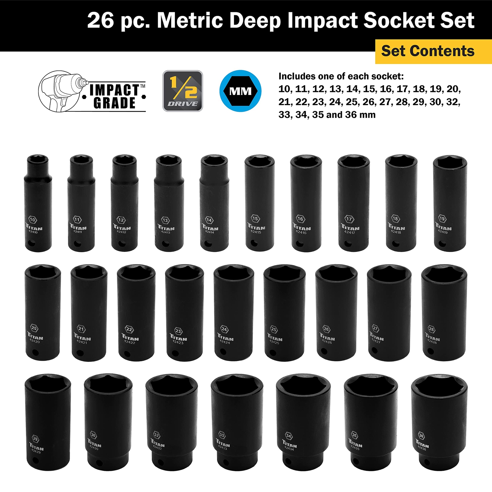 Titan Tools 26 pc. 1/2 in. Drive Metric Deep Impact Socket Set (42406)