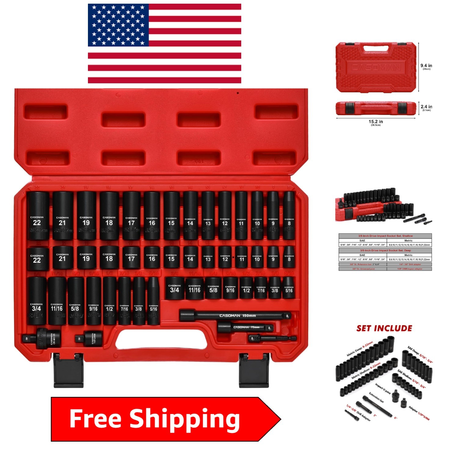 Professional 3/8″ Drive Impact Socket Set, 49-Piece – Chrome Vanadium Durability