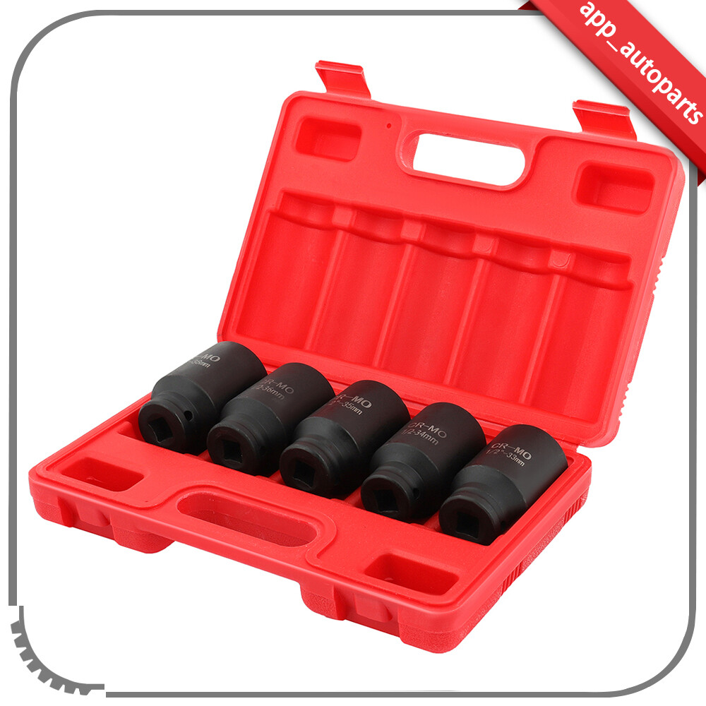 5PC 33MM-34-35-36-38MM 1/2» DRIVE 6 POINT DEEP SPINDLE AXLE NUT SOCKET SET TOOL