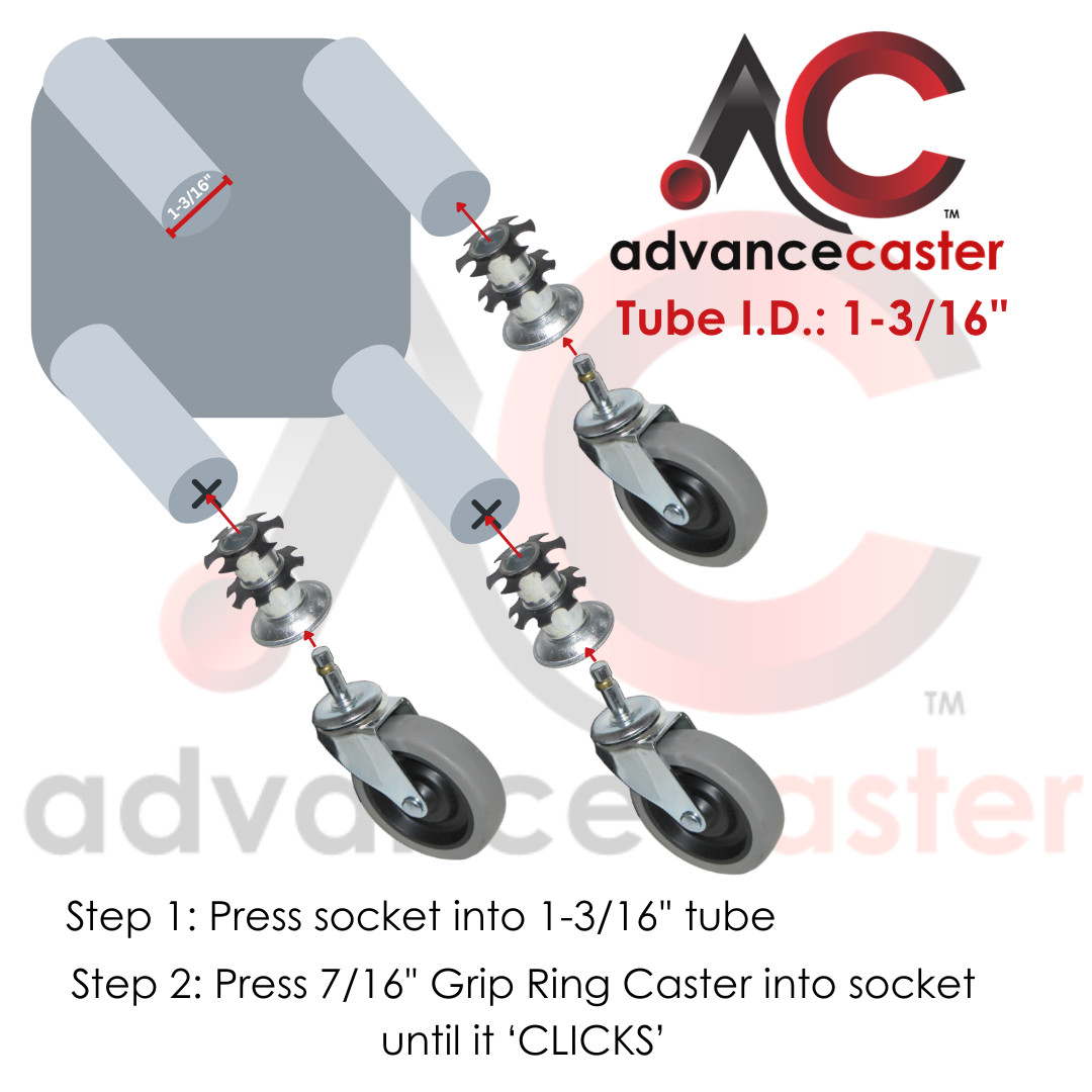 (12pk) Metal Socket for Hollow Tubing: 1-3/16″, Grip Ring Caster Stem Size 7/16″