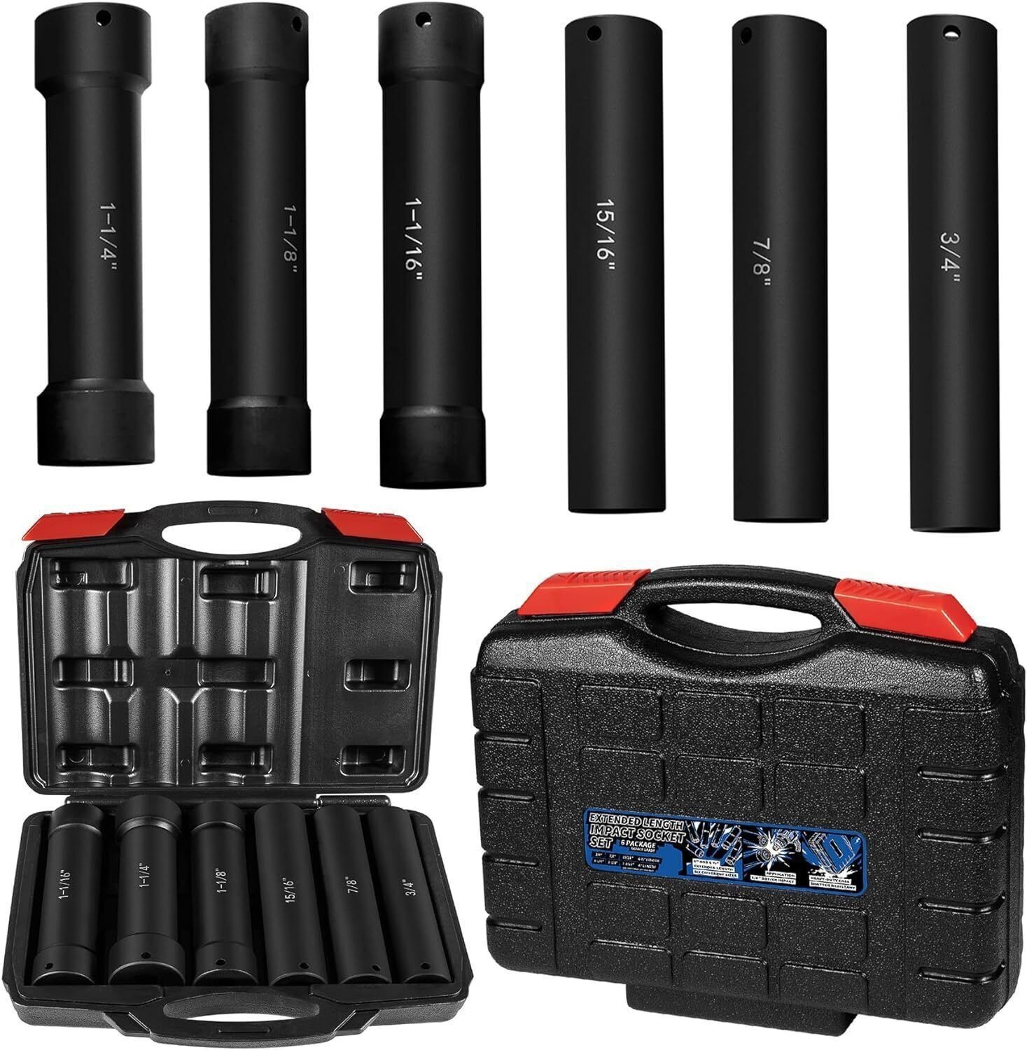 1/2″ Drive Extended Length Impact Sockets 3/4″ 7/8″ 15/16″ 1-1/16″ 1-1/8″ 1-1/4″