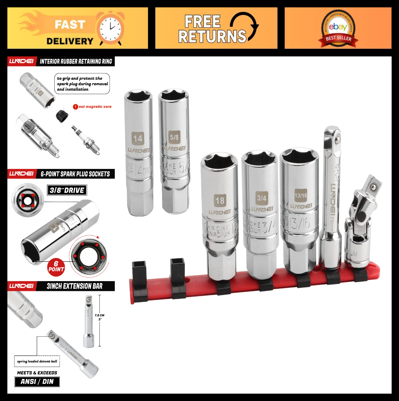 7PCS Spark Plug Socket Set 3/8″ Drive, 14mm 18mm 5/8″ 3/4″ 13/16″, Thin Wall CR-